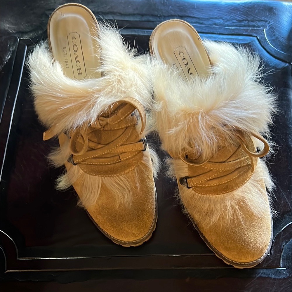Coach Tan Fur-Trimmed Mules